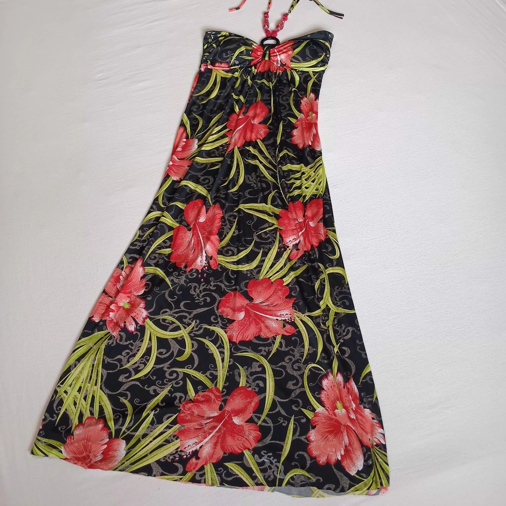 Elegant Floral Maxi Dress in Black and Red With Beaded Ties 14inches Ptp